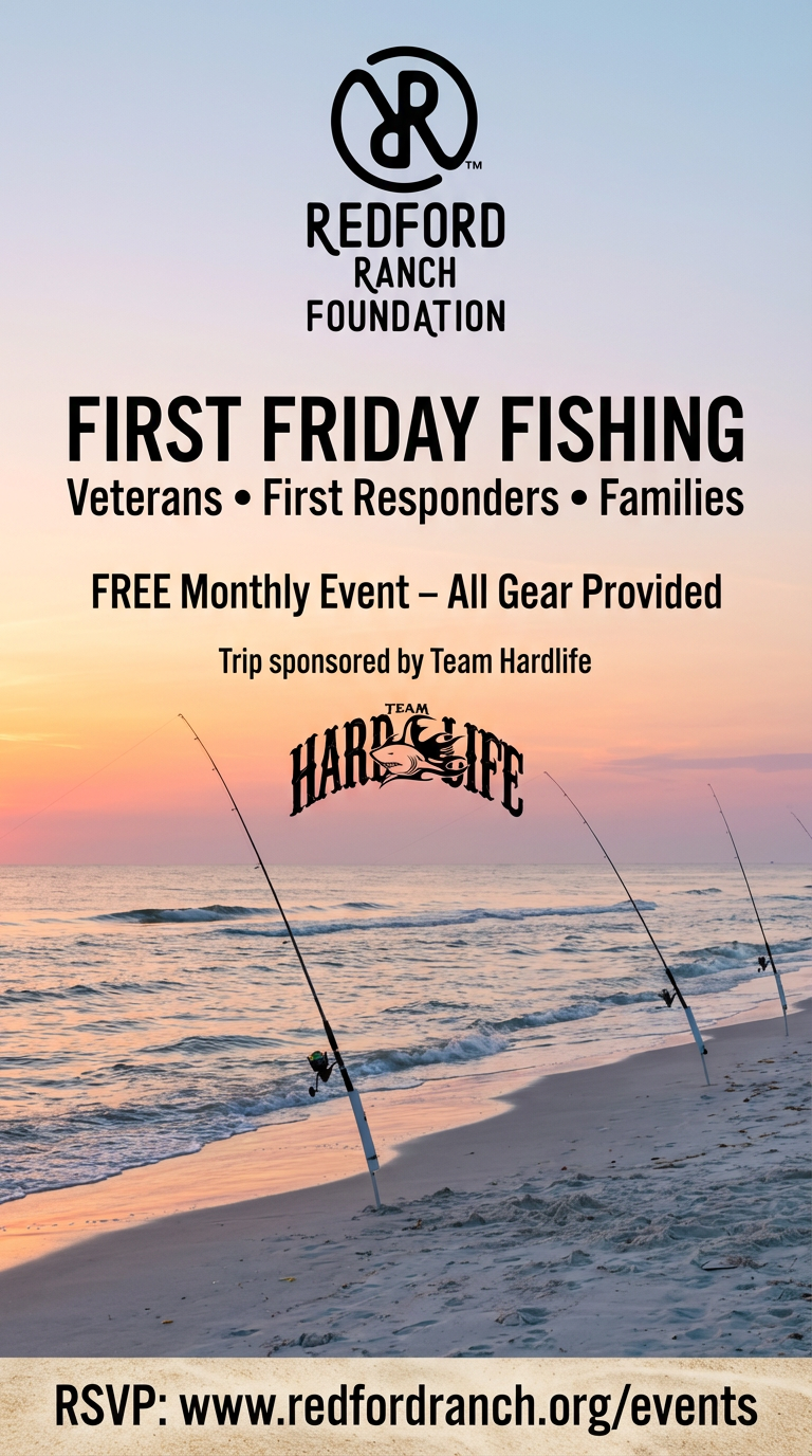 Sunset shoreline flyer with three fishing rods: free monthly First Friday Fishing event, all gear provided, trip sponsored by Team Hardlife